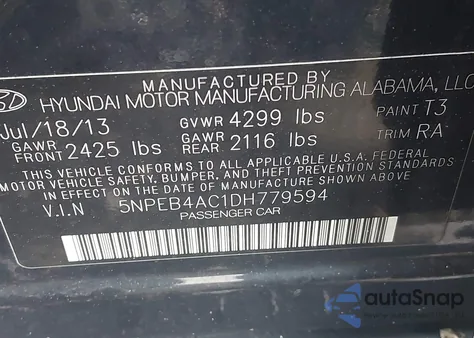 2013 Hyundai Sonata Gls from USA, damaged, VIN 5NPEB4AC1DH779594